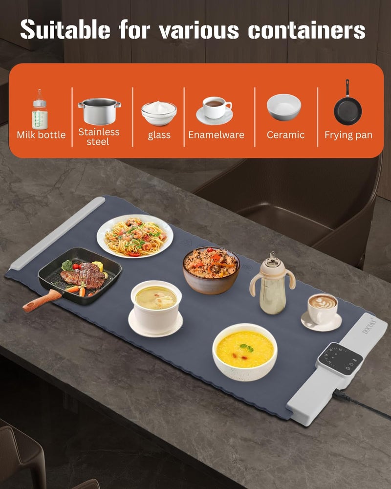 Docoss Electric Food Warmer,Silicone Full Surface Heating Mat for Food –5 Temperature Settings,250W Foldable Smart Warming Tray for Food at Party, Travel(Grey) - Image 3