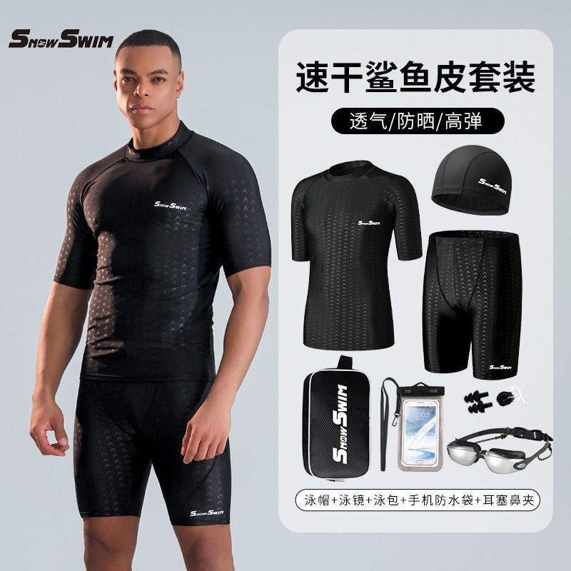 SnowSwim Men's Shark Skin Swim Trunks Quick-Dry Swimming Shorts with Goggles Running Fitness Swim Gear - Image 1