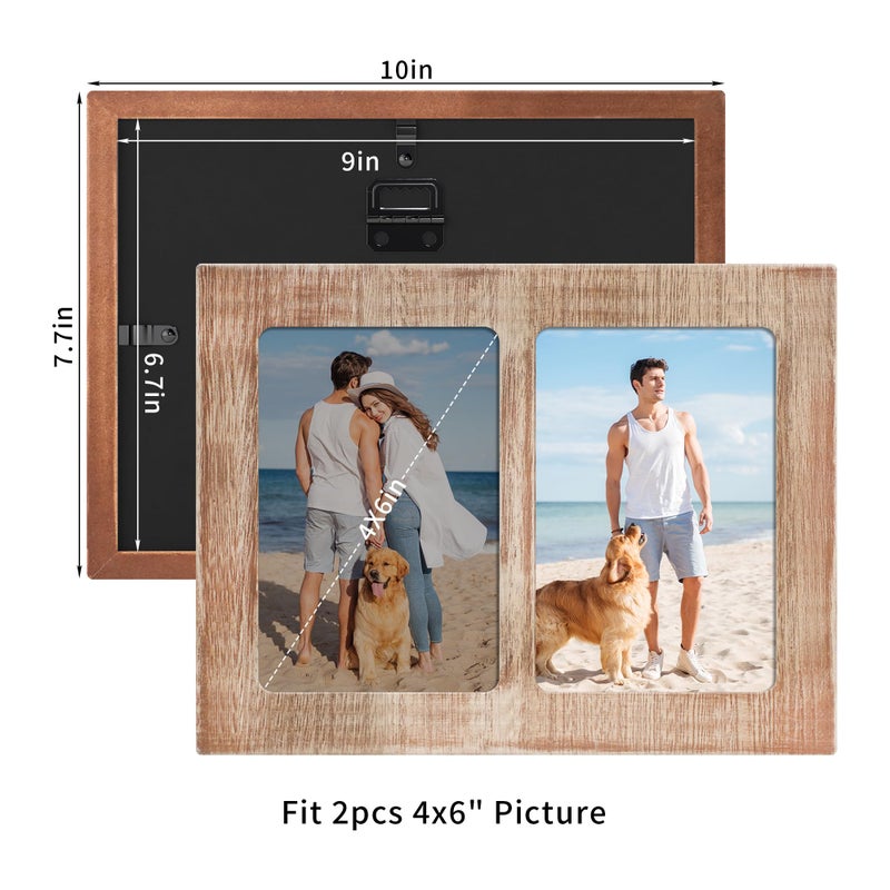 YESKAY 4x6 Picture Frame Collage - Double Picture Frames 4 x 6 Rustic Brown Wood Frame with Tempered Glass 2 Picture Frame 4 by 6 Wall Decor or Tabletop 1 Pack - Image 2