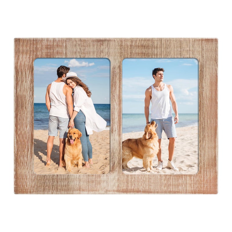 YESKAY 4x6 Picture Frame Collage - Double Picture Frames 4 x 6 Rustic Brown Wood Frame with Tempered Glass 2 Picture Frame 4 by 6 Wall Decor or Tabletop 1 Pack - Image 1