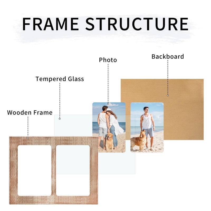 YESKAY 4x6 Picture Frame Collage - Double Picture Frames 4 x 6 Rustic Brown Wood Frame with Tempered Glass 2 Picture Frame 4 by 6 Wall Decor or Tabletop 1 Pack - Image 3