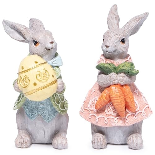 Hodao Easter Bunny Figurines Set of 2 Resin Rabbits with Ice CreamThemed Carrot and Easter Egg Cute Spring Bunny Decor for Home Tabletop and Gift 45 Tall - Image 1