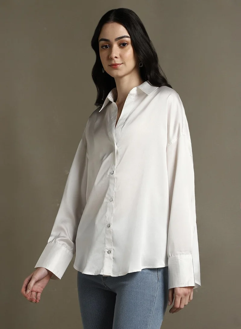 Dennis Lingo Women's White Satin Solid Button Down Relaxed Fit Shirt