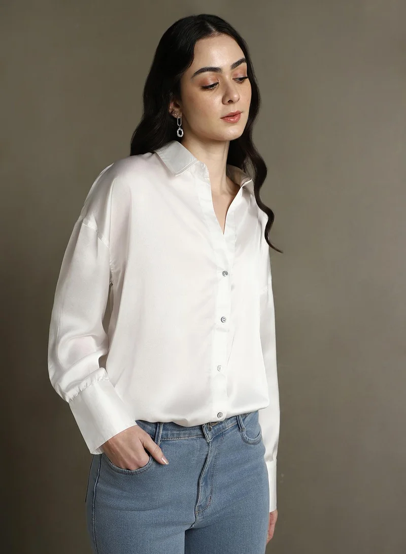 Dennis Lingo Women's White Satin Solid Button Down Relaxed Fit Shirt