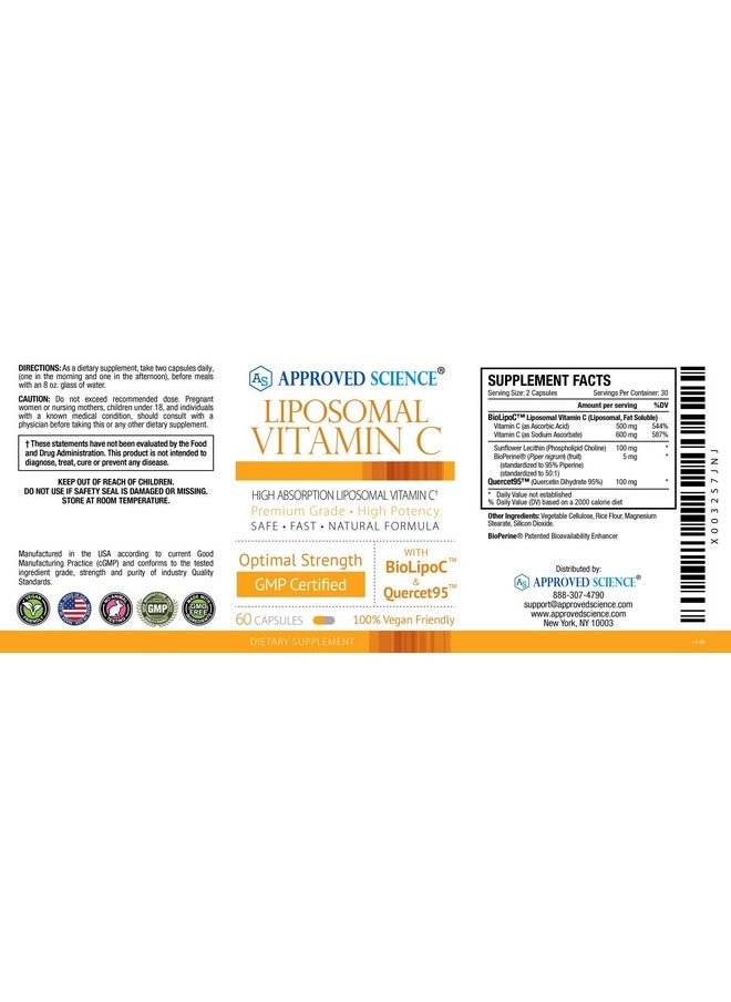 Approved Science - Liposomal Vitamin C 1100 Mg 60 Capsules Immune Support Boost Collagen Antioxidant High Absorption Fat Soluble Non Gmo Vegan Made In The Usa - Image 1