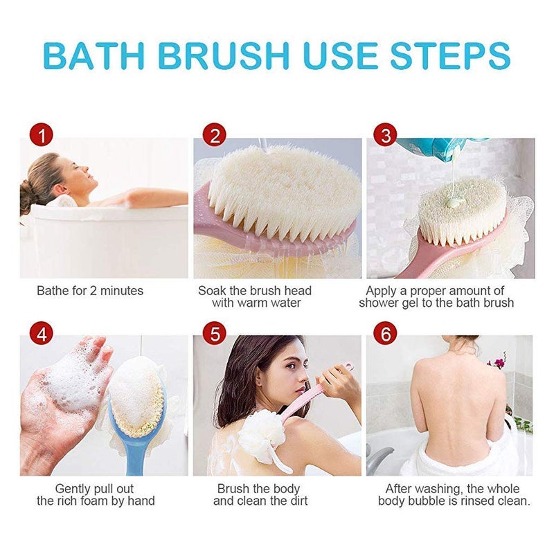 Jemei Back Scrubber Body Brush Loofah Dry Brushing Body Brush with handle for shower with Loofah, Bath Brush Mesh Sponge with Curved Handle for Men and Women, Pink, Blue - Image 5