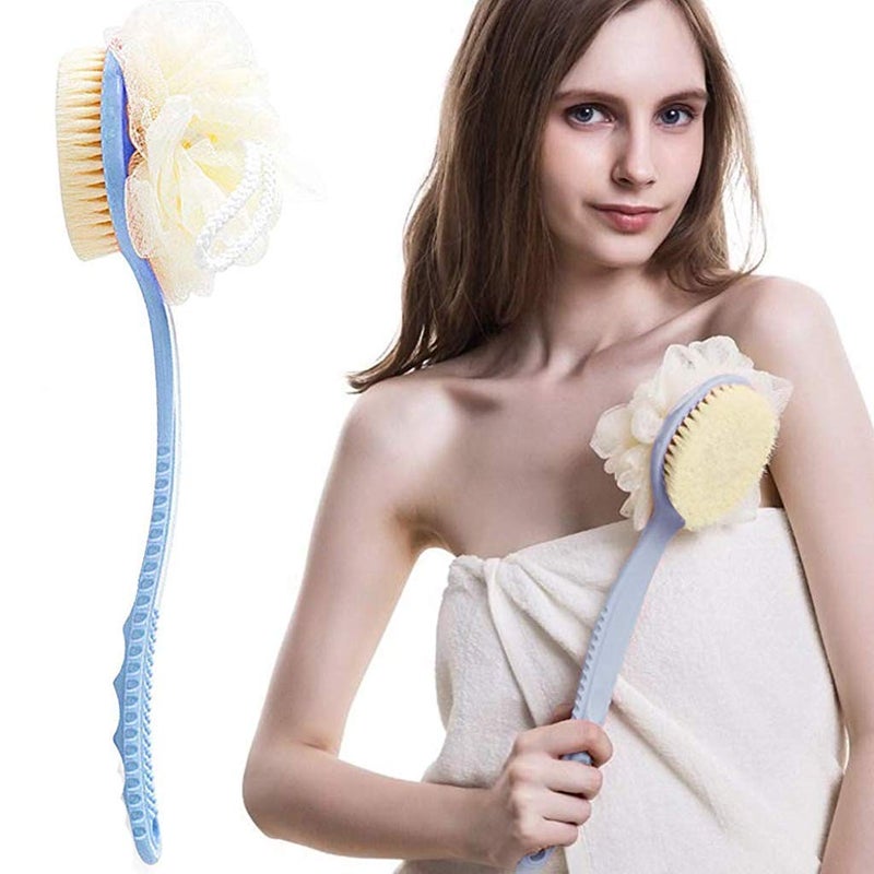 Jemei Back Scrubber Body Brush Loofah Dry Brushing Body Brush with handle for shower with Loofah, Bath Brush Mesh Sponge with Curved Handle for Men and Women, Pink, Blue - Image 1