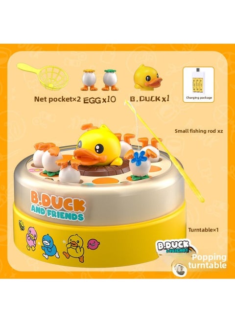 B.Duck Little Yellow Duck Concentration Training Parent-child Interaction Baby Educational Bounce Net Fishing Plate Toy Gift-Color:Bounce Plate + [charging Suit +2 Small Fishing Rods]]