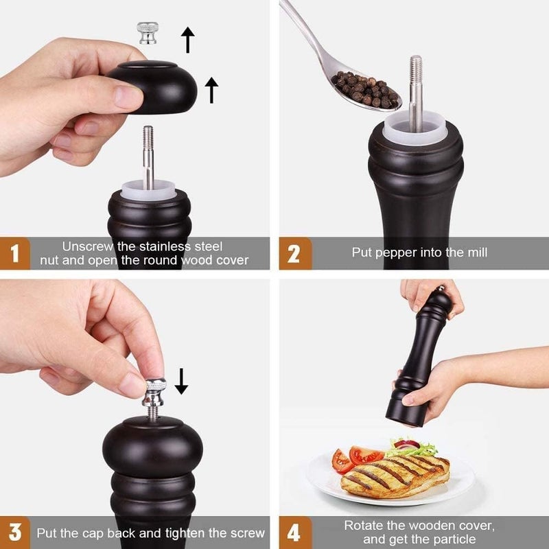 Avmart Traditional Wooden Salt & Pepper Grinder, Mixer, Mill, Manual Shaker, Spice Storage Ceramic Crusher, Mill with Adjustable Coarseness Best Kitchen Tools (Black) - Image 3