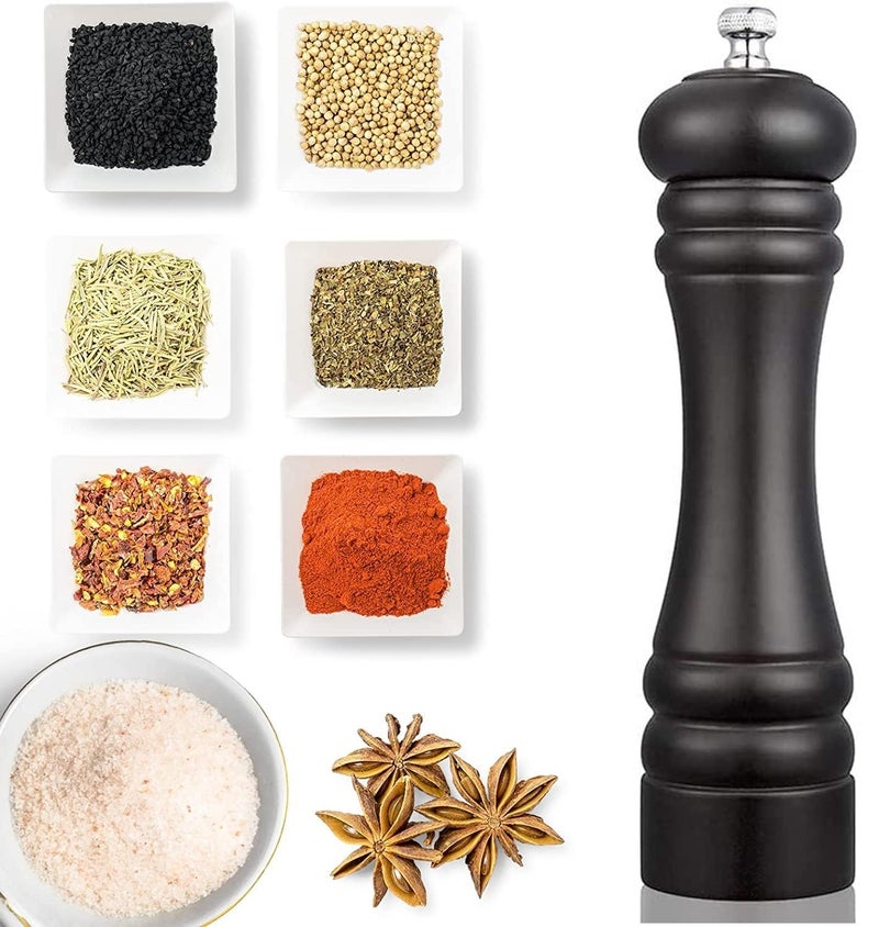 Avmart Traditional Wooden Salt & Pepper Grinder, Mixer, Mill, Manual Shaker, Spice Storage Ceramic Crusher, Mill with Adjustable Coarseness Best Kitchen Tools (Black) - Image 1