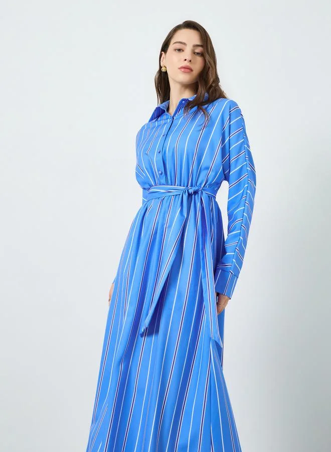 Take Two Women Blue Striped Belted Long Sleeve Jalabiya