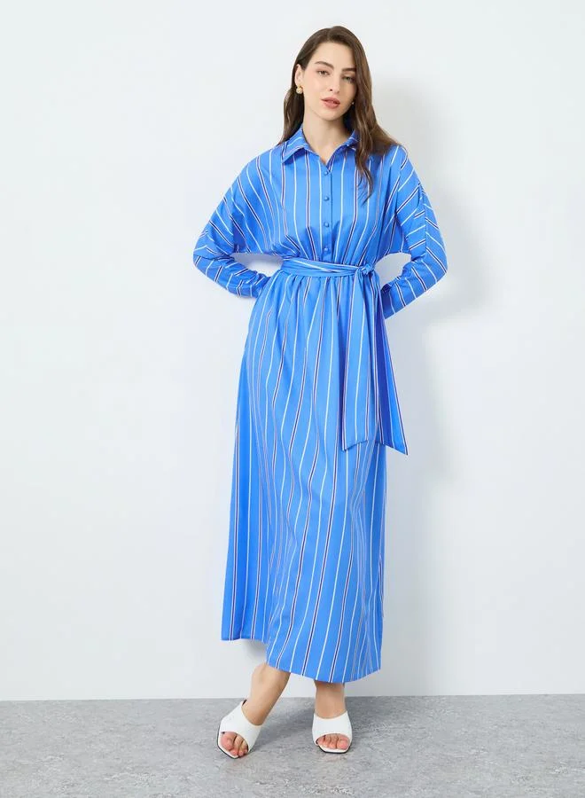 Take Two Women Blue Striped Belted Long Sleeve Jalabiya