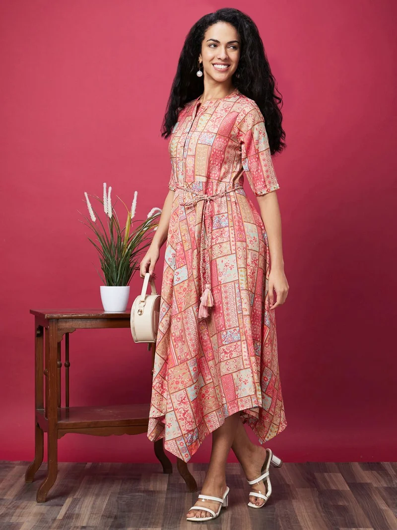 globus Women Patch Printed Asymmetric Hem A-Line Midi Dress With Tassel Belt