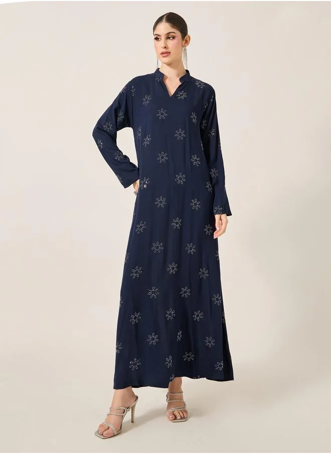 Styli Embellished Stand Collar Waist Tie-Up Jalabyia