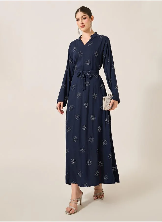 Styli Embellished Stand Collar Waist Tie-Up Jalabyia
