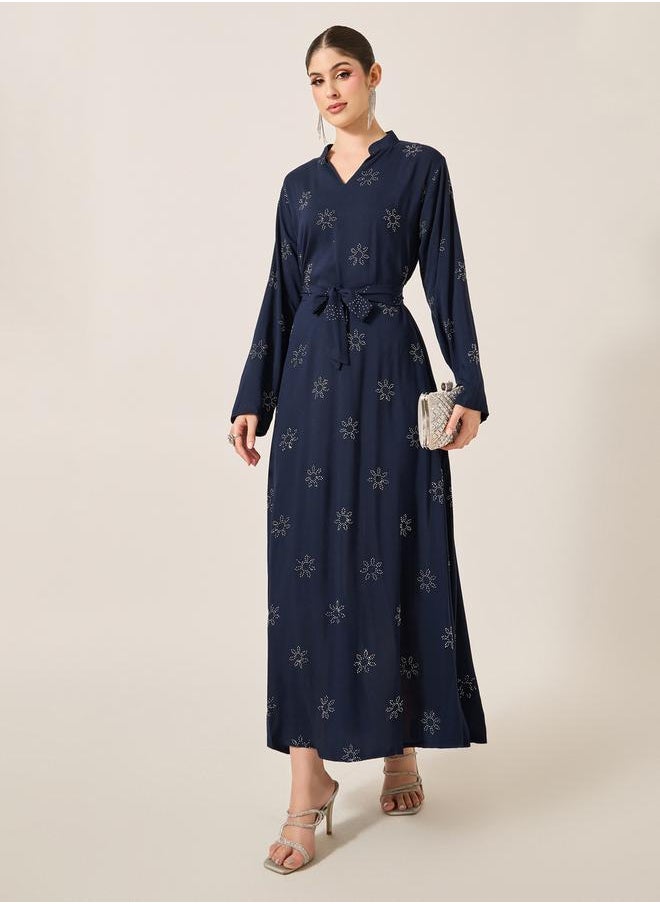 Styli Embellished Stand Collar Waist Tie-Up Jalabyia  - Image 1