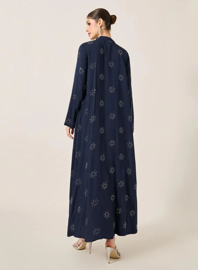 Styli Embellished Stand Collar Waist Tie-Up Jalabyia