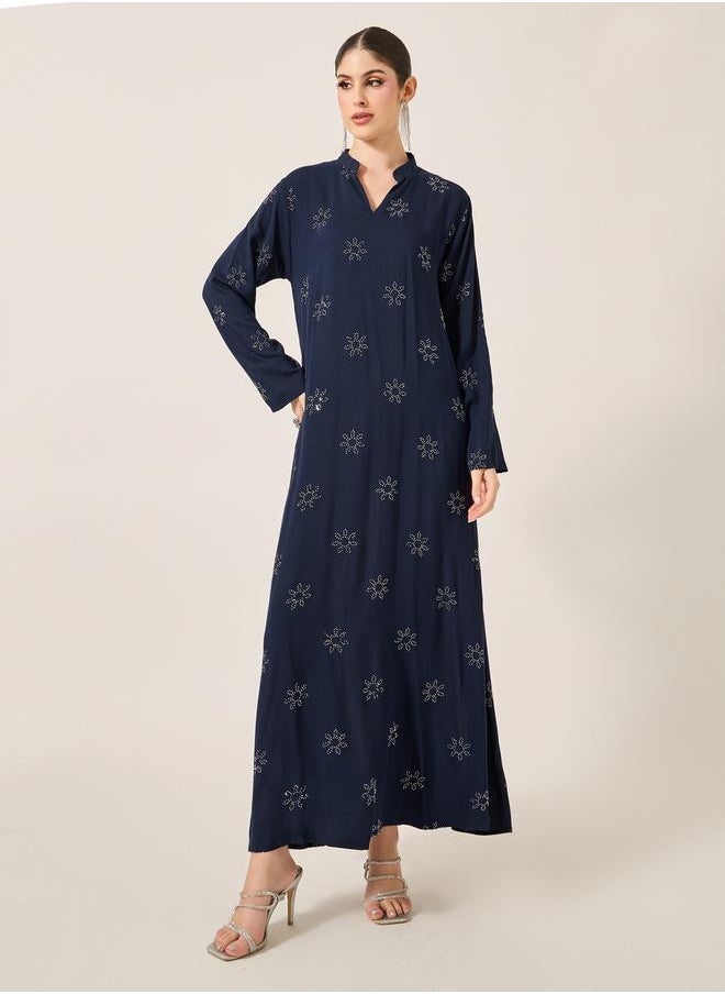 Styli Embellished Stand Collar Waist Tie-Up Jalabyia  - Image 2