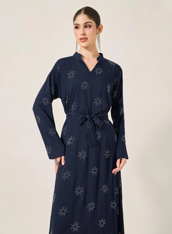 Styli Embellished Stand Collar Waist Tie-Up Jalabyia