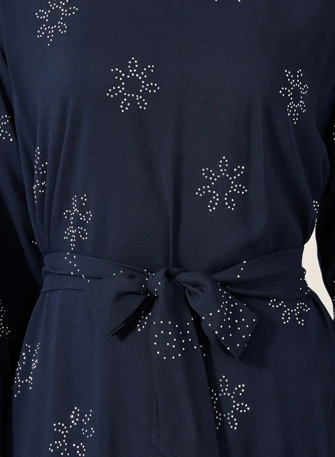 Styli Embellished Stand Collar Waist Tie-Up Jalabyia