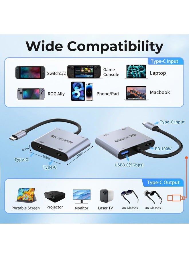 Guermok 4-in-1 Dual USB-C Display Hub, 4K@60Hz Video, 100W PD Fast Charge & USB 3.0 5Gbps, Compatible with AR Glasses, Switch 2, Laptops, Portable Monitors and Type-C Displays - Image 3