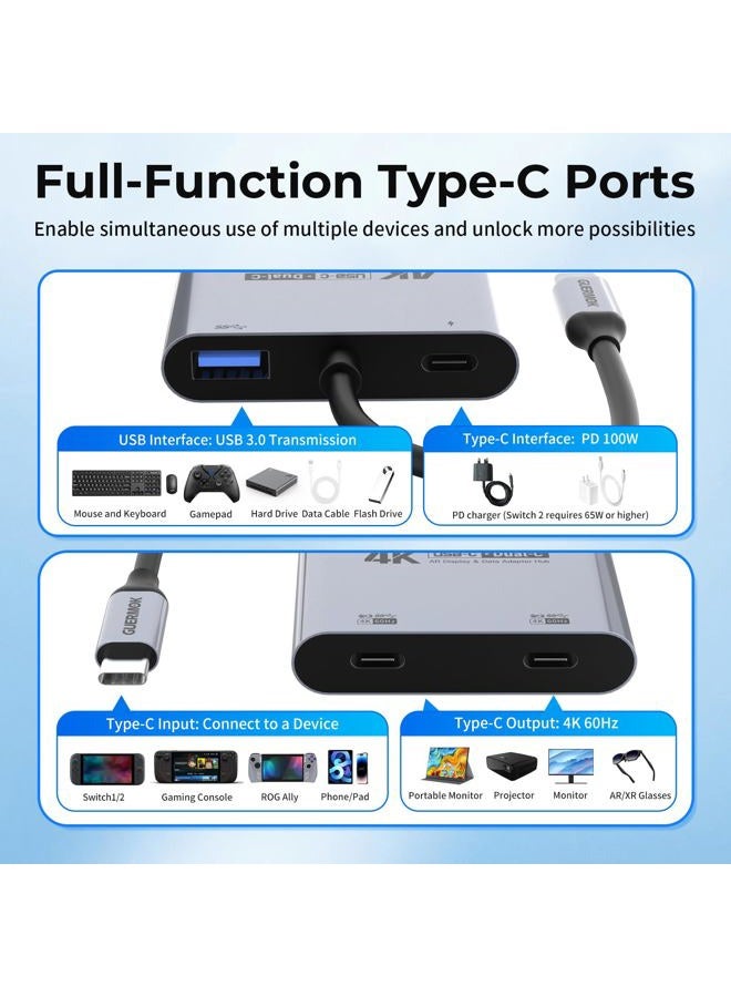 Guermok 4-in-1 Dual USB-C Display Hub, 4K@60Hz Video, 100W PD Fast Charge & USB 3.0 5Gbps, Compatible with AR Glasses, Switch 2, Laptops, Portable Monitors and Type-C Displays - Image 4