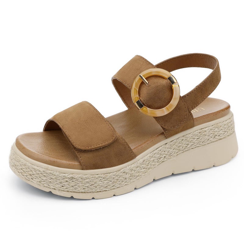 UBFEN Womens Espadrille Platform Sandals Low Wedge Heel - Orthopedic Arch Support, Cushion Insole, Comfortable Dressy Buckle Sandals for Walking and Vacation A Brown Size US 8 - Image 1