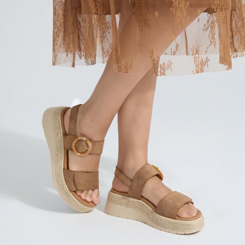 UBFEN Womens Espadrille Platform Sandals Low Wedge Heel - Orthopedic Arch Support, Cushion Insole, Comfortable Dressy Buckle Sandals for Walking and Vacation A Brown Size US 8 - Image 2