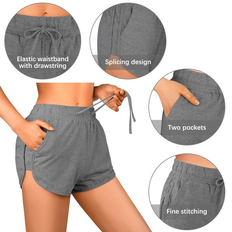 URATOT 2 Pack Cotton Yoga Short Women Summer Running Gym Sports Waistband Shorts with Pockets Black,Dark Grey - Image 4