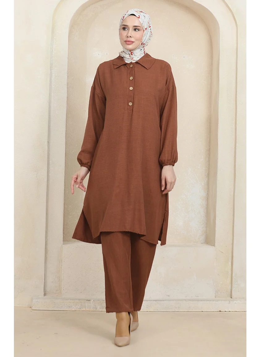 Sefa Merve Shirt Collar Tunic Trousers Two Piece Suit 1003-02 Brown