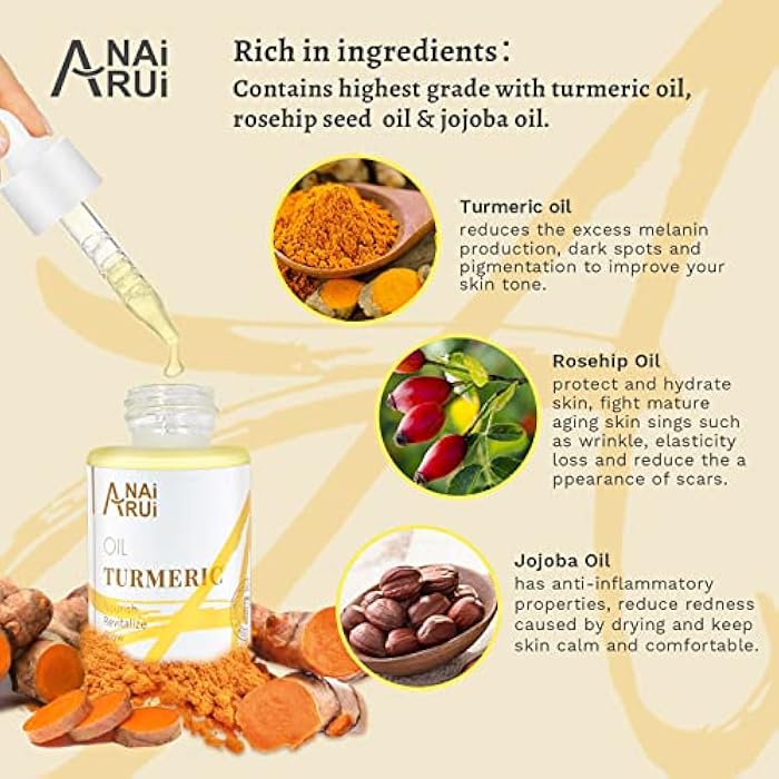 ANAI RUI Turmeric Face Oil, Facial Oils & Serum with Turmeric, Turmeric Skincare Oil for Dry Skin, Wrinkles, Acne, Evens Tone, Moisturizing Face Oil 1.06OZ - Image 3