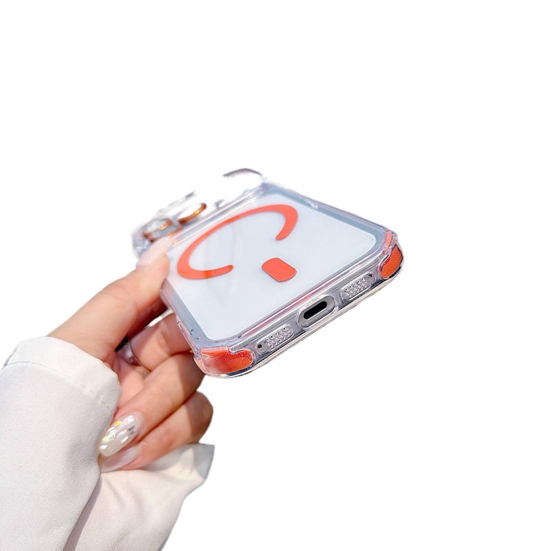 غطاء MagSafe بAcrylic لـ iPhone 16 / 16 Plus / 16 Pro / 16 Pro Max مع شفاف ومغناطيس قوي مع مقاوم للصدمات مع رفيع جدًا مع حماية من السقوط باللون برتقالي مغناطيسي بظهر شفاف من الأكر. - Image 4