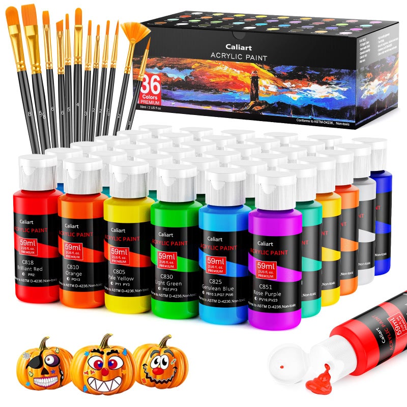 Caliart Acrylic Paint Set with 12 Brushes, 36 Colors (59ml, 2oz) Art Craft Paints Gifts for Artists Adults, Easter Basket Essentials Stuffers, Canvas Ceramic Wood Rock Painting Kit Art Supplies - Image 1