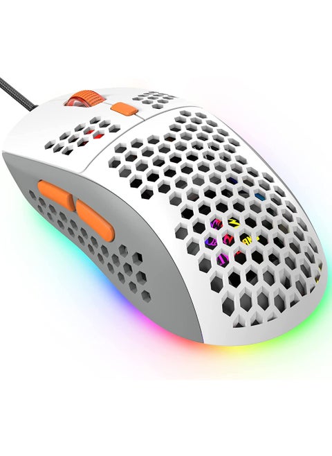 M8 LED Gaming Mouse Ergonomic Ultra-Lightweight Honeycomb Shell Custom Tri-Colour Design Chroma RGB Backlit 7 Programmable Buttons 6400 DPI Computer Mice for PS4 Xbox Laptop PC Gamers