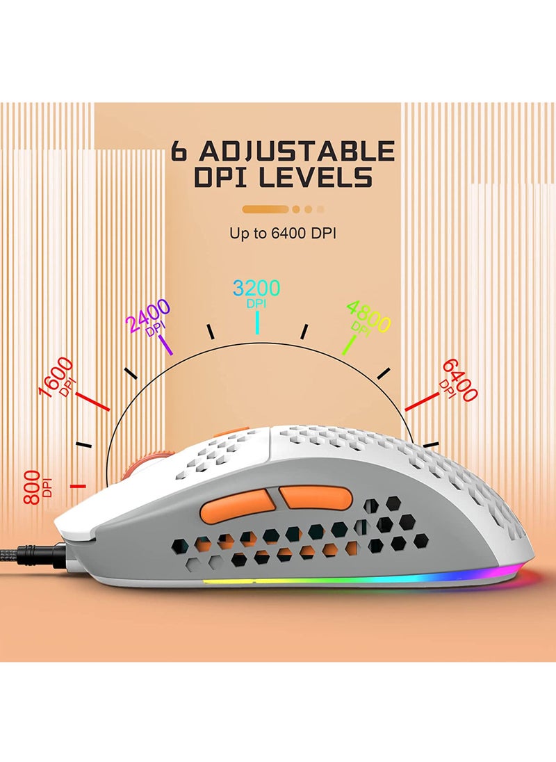 M8 LED Gaming Mouse Ergonomic Ultra-Lightweight Honeycomb Shell Custom Tri-Colour Design Chroma RGB Backlit 7 Programmable Buttons 6400 DPI Computer Mice for PS4 Xbox Laptop PC Gamers