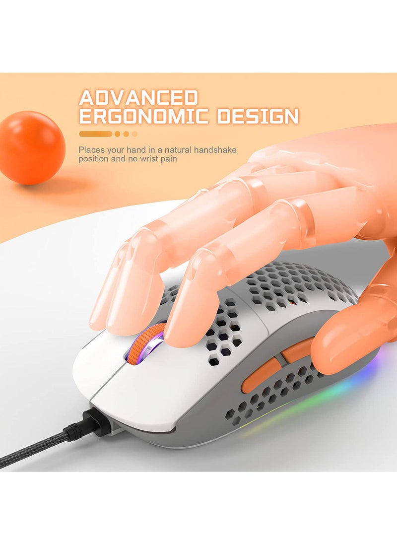 M8 LED Gaming Mouse Ergonomic Ultra-Lightweight Honeycomb Shell Custom Tri-Colour Design Chroma RGB Backlit 7 Programmable Buttons 6400 DPI Computer Mice for PS4 Xbox Laptop PC Gamers