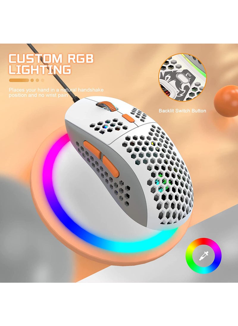 M8 LED Gaming Mouse Ergonomic Ultra-Lightweight Honeycomb Shell Custom Tri-Colour Design Chroma RGB Backlit 7 Programmable Buttons 6400 DPI Computer Mice for PS4 Xbox Laptop PC Gamers