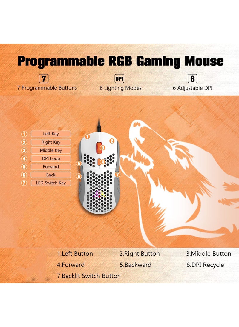 Rock Pow M8 LED Gaming Mouse Ergonomic Ultra-Lightweight Honeycomb Shell Custom Tri-Colour Design Chroma RGB Backlit 7 Programmable Buttons 6400 DPI Computer Mice for PS4 Xbox Laptop PC Gamers  - Image 4