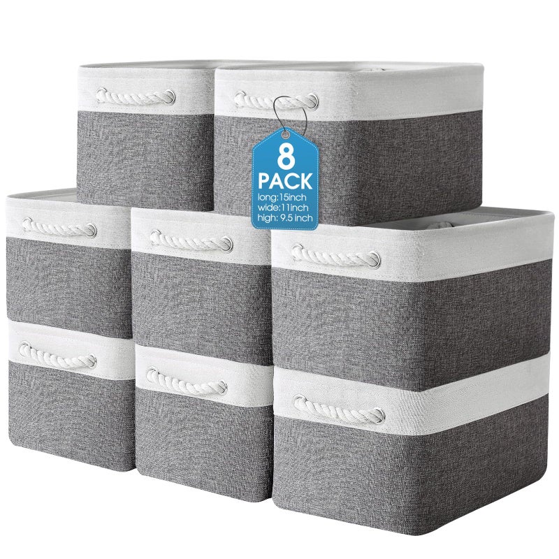 meekoo 8 Pack Collapsible Storage Bins Fabric Storage Bins Polyester Fabric Baskets with Handles Linen Closet Organizer for Shelf Home Closet Towels Toys15 x 11 x 95 inGray White