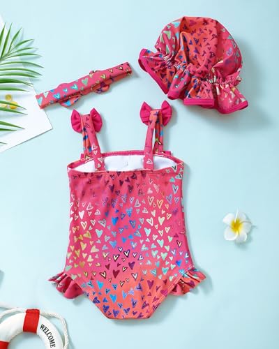 Renotemy Baby Girl Swimsuit 12-18 Months Infant Bathing Suit Girl One-Piece Sleeveless Bikini Tankini Rash Guard Pink Heart Baby Swimsuit Girl 12-18 Months with Sunhat Beach Baby Essentials - Image 5