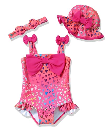 Renotemy Baby Girl Swimsuit 12-18 Months Infant Bathing Suit Girl One-Piece Sleeveless Bikini Tankini Rash Guard Pink Heart Baby Swimsuit Girl 12-18 Months with Sunhat Beach Baby Essentials - Image 1