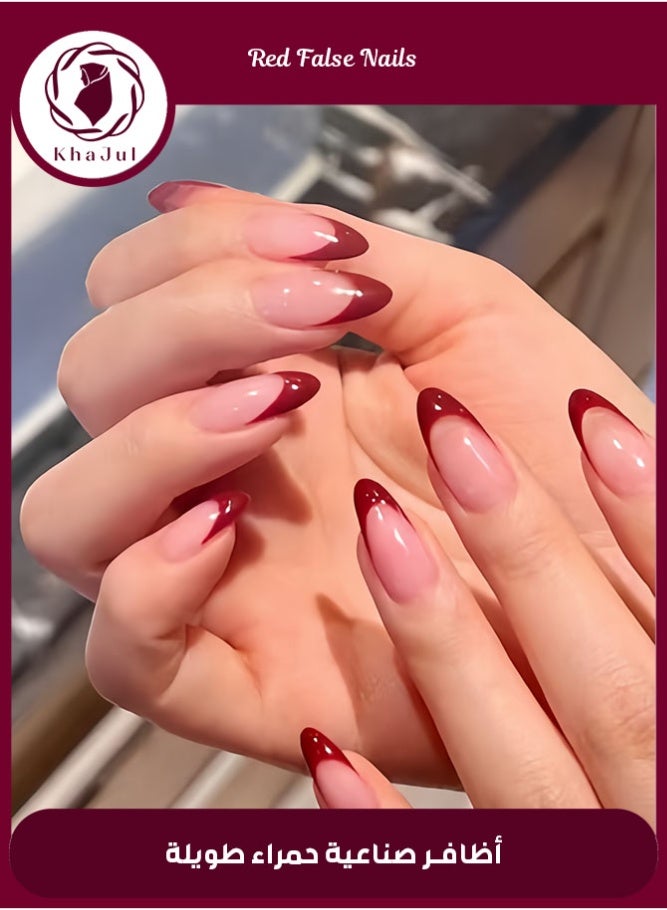 خاجول ٢٤ قطعة أظافر صناعية باللون الأحمر بتصميم فرنش كلاسيكي - أظافر أكريليك نصف مغطاة جاهزة للاستخدام فورًا، مثالية للنساء والفتيات بإطلالة أنيقة وجذابة - Image 1