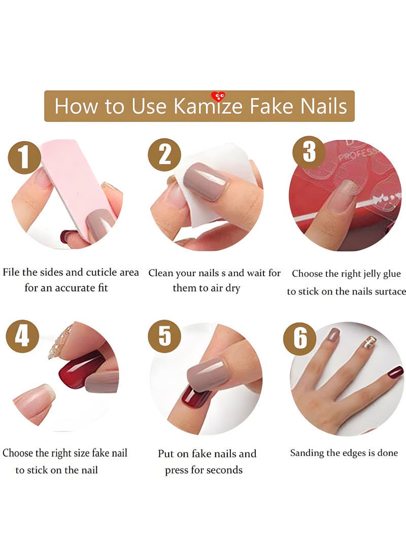 خاجول ٢٤ قطعة أظافر صناعية باللون الأحمر بتصميم فرنش كلاسيكي - أظافر أكريليك نصف مغطاة جاهزة للاستخدام فورًا، مثالية للنساء والفتيات بإطلالة أنيقة وجذابة - Image 5