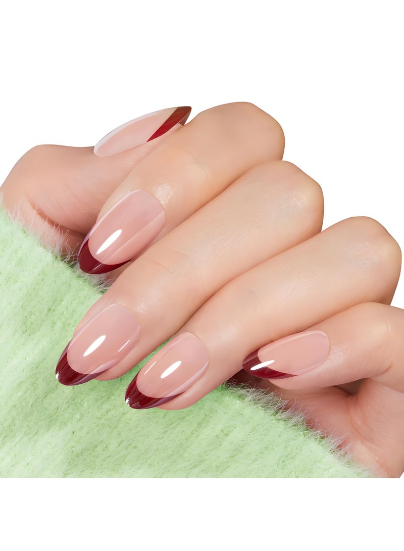 خاجول ٢٤ قطعة أظافر صناعية باللون الأحمر بتصميم فرنش كلاسيكي - أظافر أكريليك نصف مغطاة جاهزة للاستخدام فورًا، مثالية للنساء والفتيات بإطلالة أنيقة وجذابة - Image 2