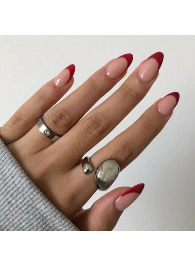خاجول ٢٤ قطعة أظافر صناعية باللون الأحمر بتصميم فرنش كلاسيكي - أظافر أكريليك نصف مغطاة جاهزة للاستخدام فورًا، مثالية للنساء والفتيات بإطلالة أنيقة وجذابة - Image 4
