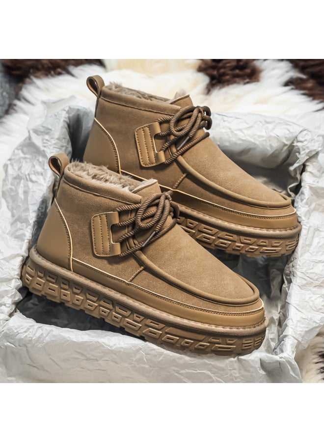 Cotton Shoes For Autumn And Winter, Fleece-lined, Warm Mid-top Work Shoes, Large Size Snow Boots, Thickened, Fashionable Casual Loafers, Suede-like