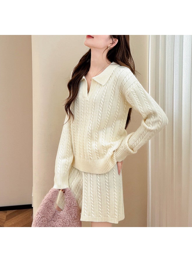 TonLion 2025 Autumn Set Women'S Two-Piece Outfit High-End Lazy Style Cable Knit Design Turn-Down Collar Pullover And Shorts - Image 5