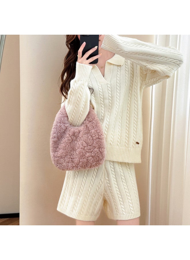 TonLion 2025 Autumn Set Women'S Two-Piece Outfit High-End Lazy Style Cable Knit Design Turn-Down Collar Pullover And Shorts - Image 2