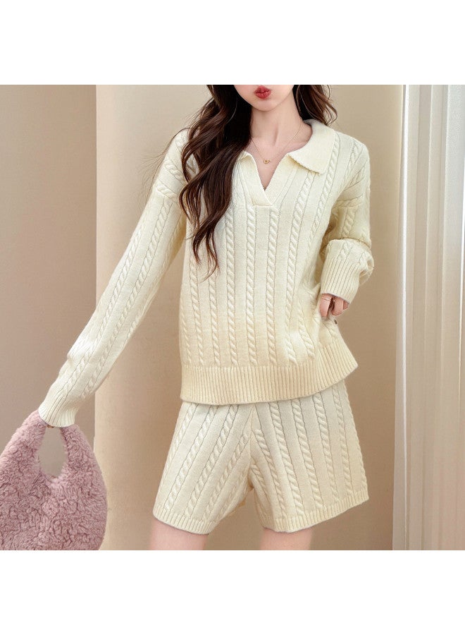 TonLion 2025 Autumn Set Women'S Two-Piece Outfit High-End Lazy Style Cable Knit Design Turn-Down Collar Pullover And Shorts - Image 4