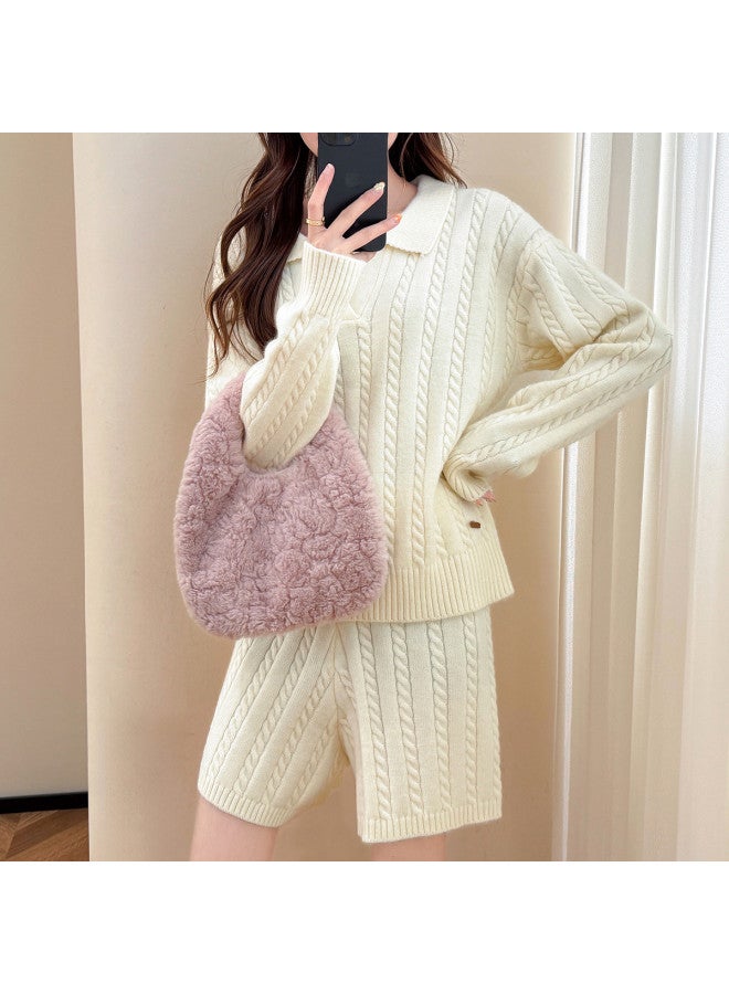 TonLion 2025 Autumn Set Women'S Two-Piece Outfit High-End Lazy Style Cable Knit Design Turn-Down Collar Pullover And Shorts - Image 3